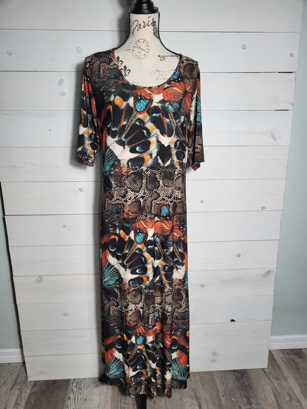 Attitudes by Renee Maxi Dress Floral Butterfly Abstract Snakeskin Print BOHO.